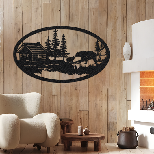 Bear with Cabin Metal Wall Art, Laser Cut Wildlife Metal Art, Trees Wall Art, Animal Metal Wall Sign, Animal Lover Gift